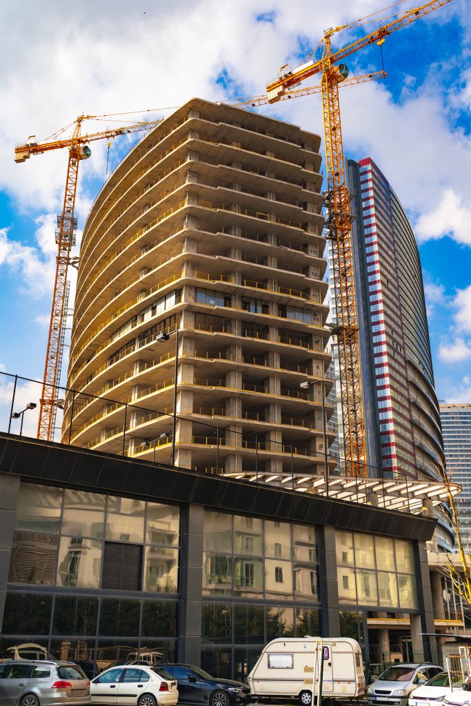 Building construction site against blue sky in Istanbul.
